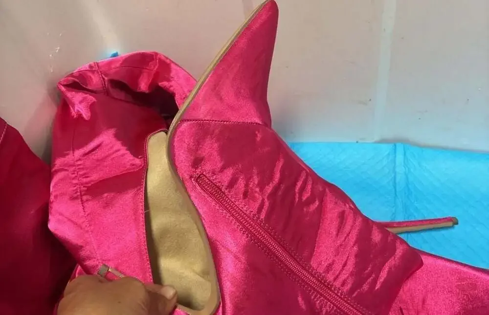 Havana-400F Satin Stiletto Thigh High Boots in Hot Pink, Size 9